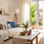 Salón luminoso con textiles ligeros y decoración de verano en tonos naturales